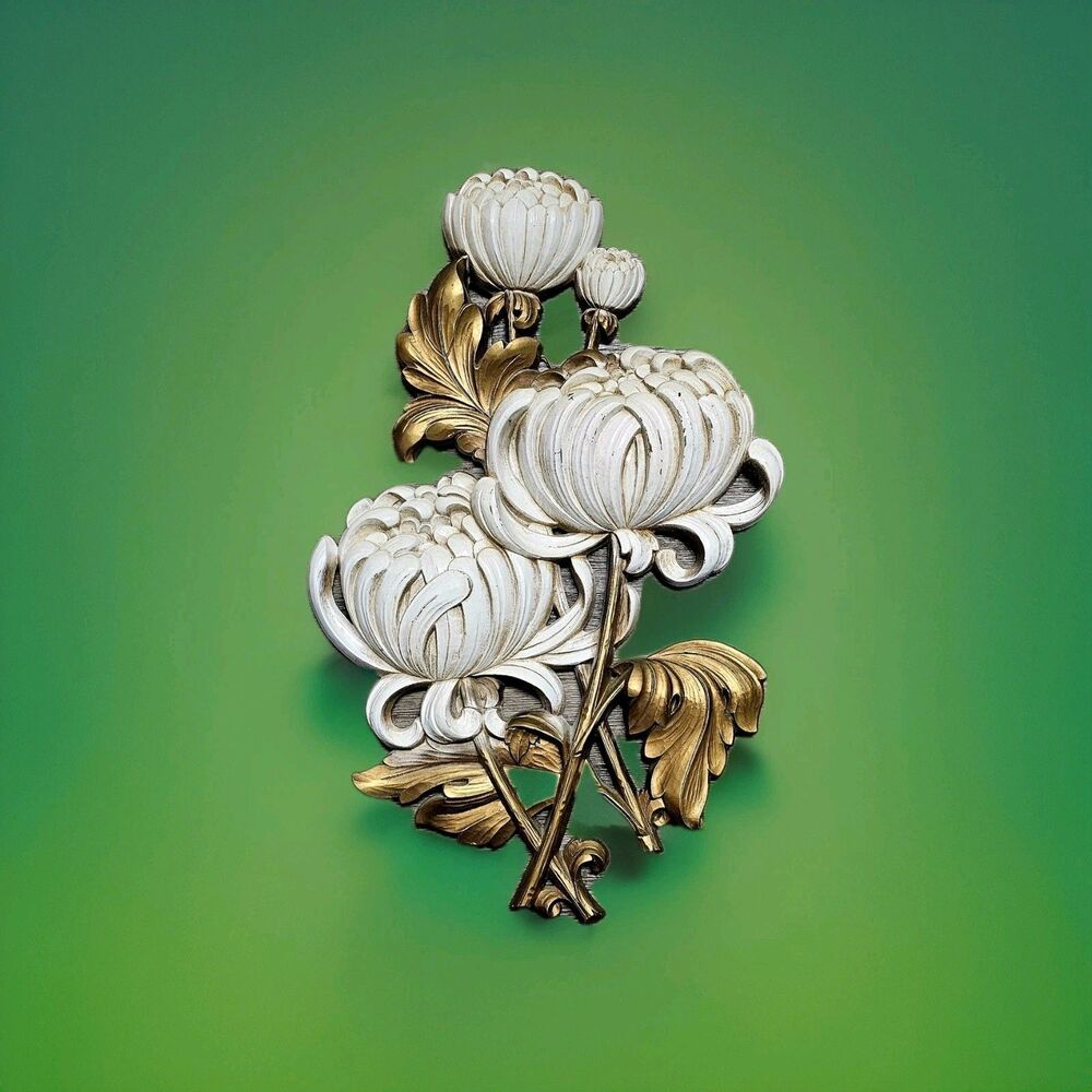 MCM 1962 SYROCO E 🌼  MUM Wall Hanging GOLD LEAVES Chrysanthemum FLOWER 🌼  4460